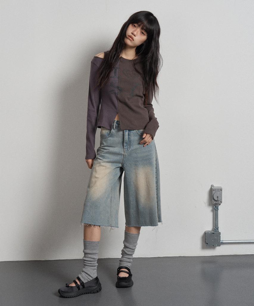 Half And Half Print T-Shirt Grayish Purple