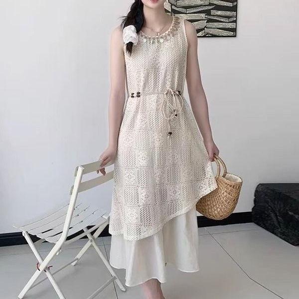 Popular Resort-Style Lace Cutout Sleeveless Dress with Ethnic Lace-Up Vest