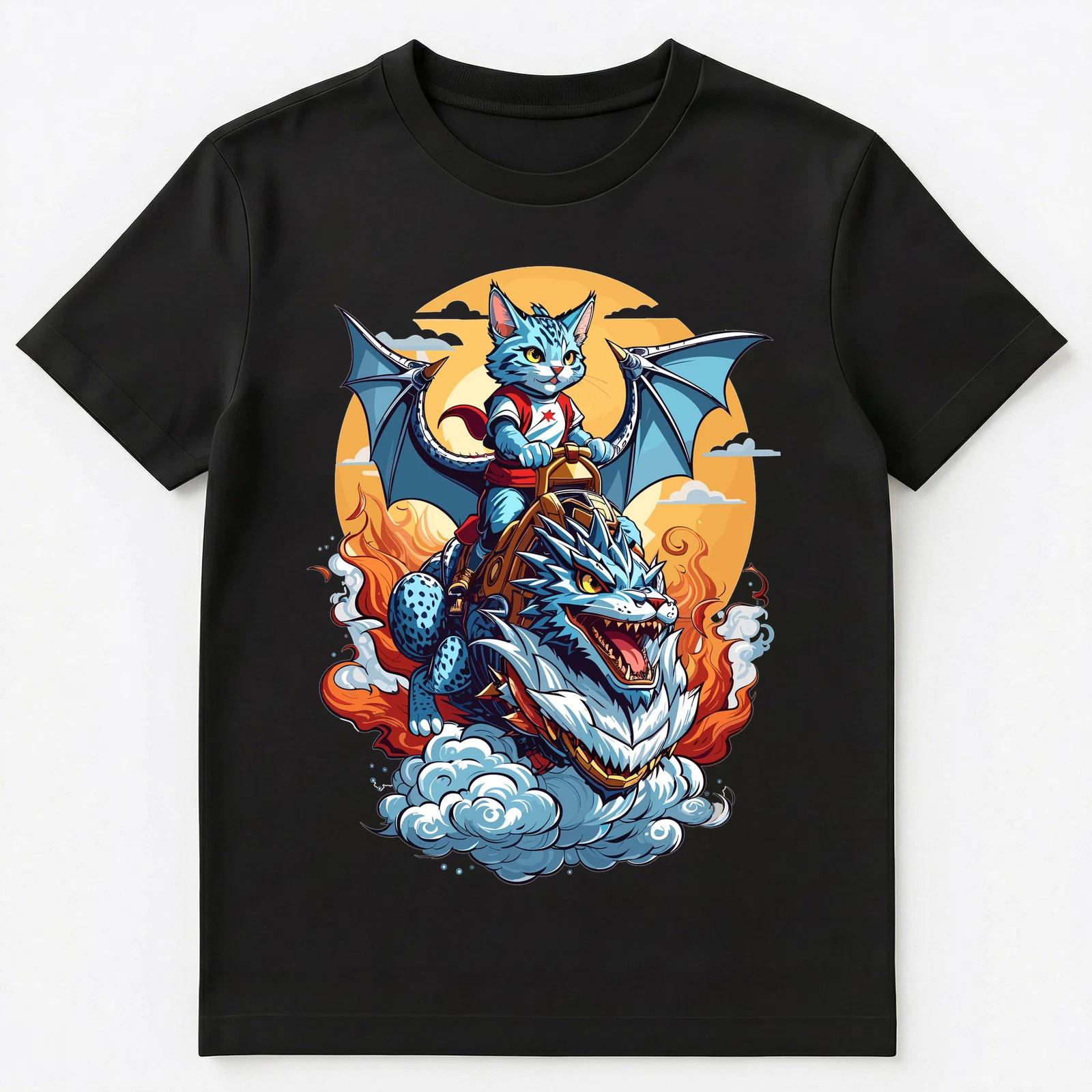 Cute Anime Style Cat Riding A Dragon Graphic Unisex T-Shirt 3XL