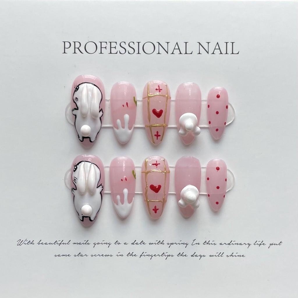 100% Handmade Almond Artificial Nail Summer Pink Rococo Sweet Pet Series Bunny Rabbit Press On Nails Reusable and Removable Fake Nails