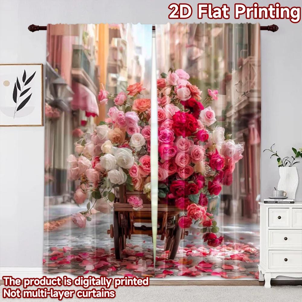 2D flat printing 2pcs Curtain Drapes Valentine's Roses Cart Digital Printed Polyester Drapes Seasonal Party & Holiday Decor Use