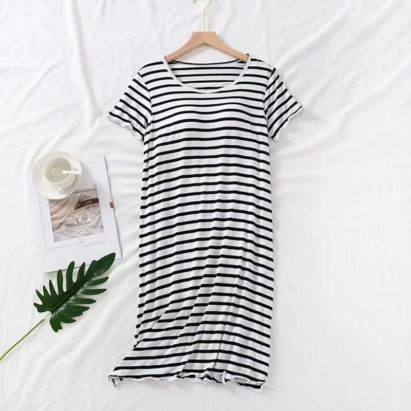 Women's Crew Neck Striped Free Bra Short Sleeve Pajamas Simple Nightdress Casual Loungewear