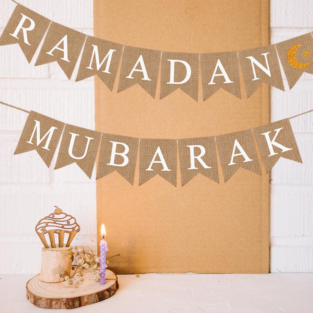 Eid Mubarak Linen Banner Garland Moon Star Hanging Ornaments Islamic Muslim for Home Ramadan Decoration Festival Party Supplies