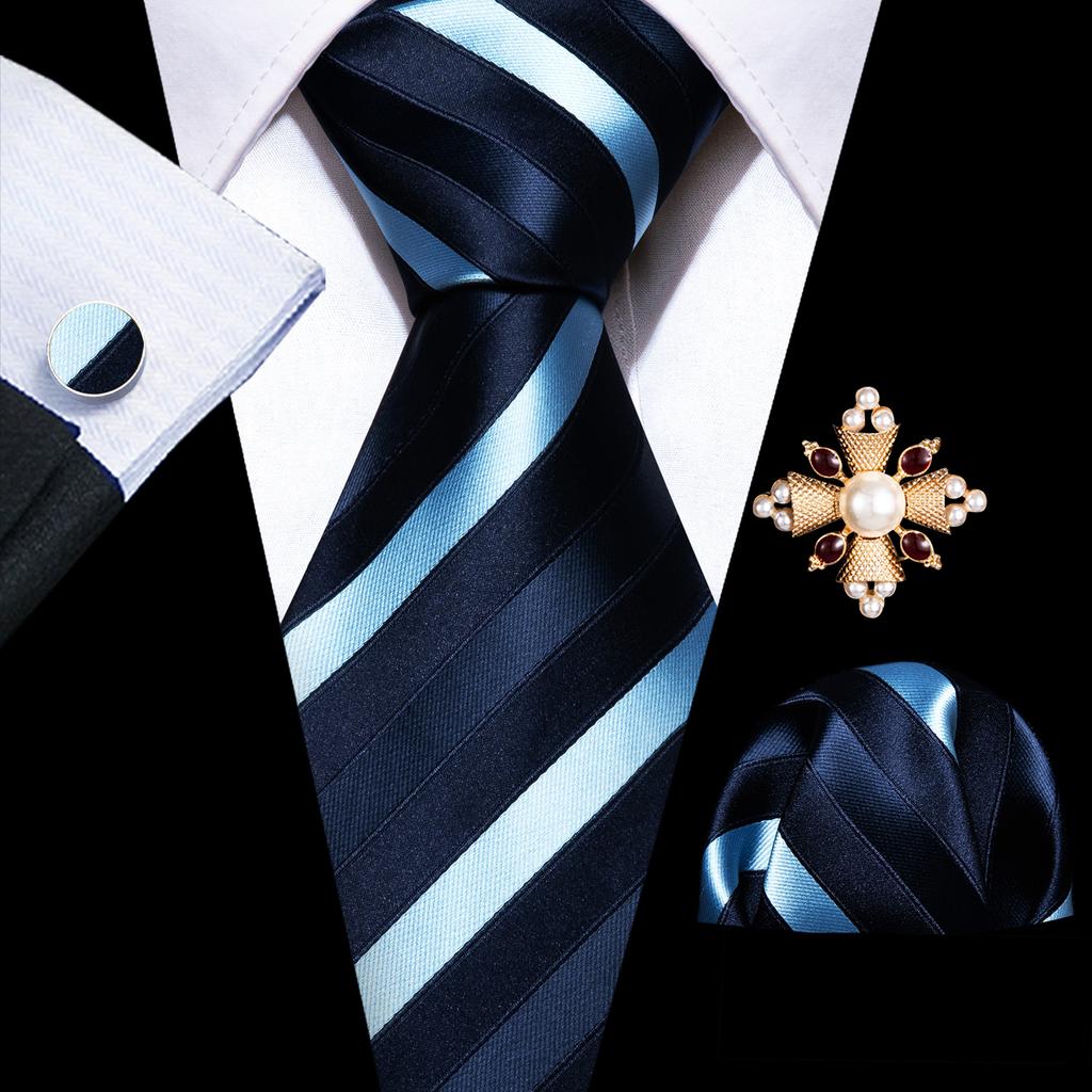 Pearl Brooch with Silk Tie for Men Vintage Floral Teal Necktie Hanky Cufflinks Gift Formal Set