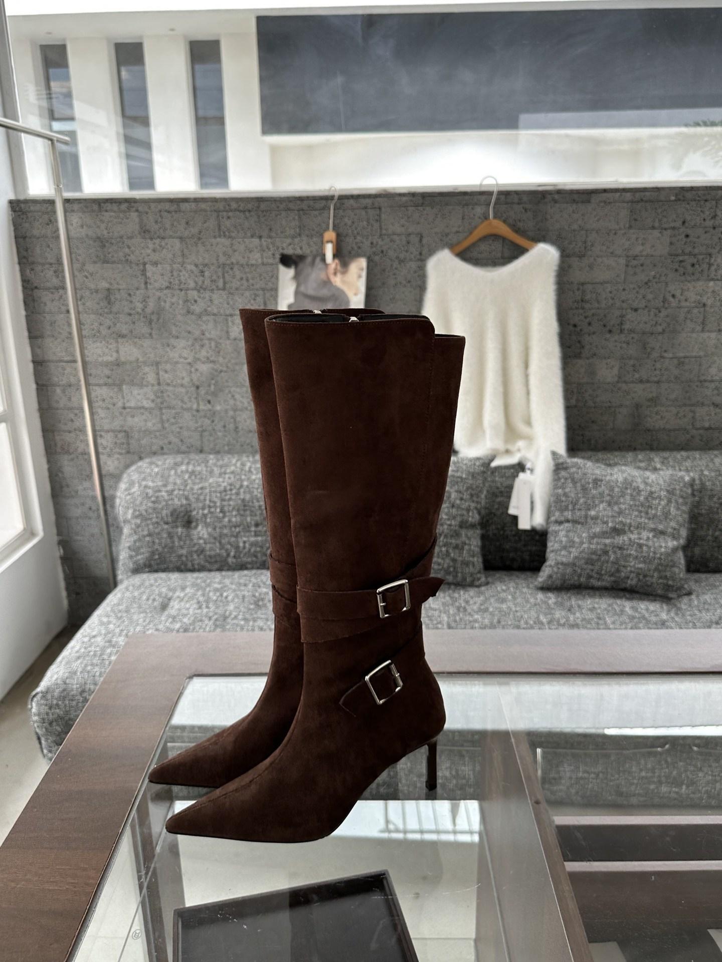 

2025 новые европейские и американские темпераментные замшевые ботильоны-стилетто на шпильке с острым носом и ремешком с пряжкой 39 темно-коричневого