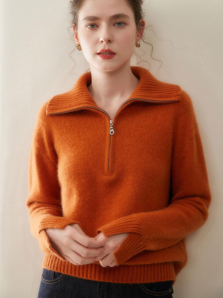 Maglione da donna con zip mezza lunghezza e colletto, in 100% cashmere ispessito – Caldo, Morbido, Lavorato a maglia invernale di alta gamma