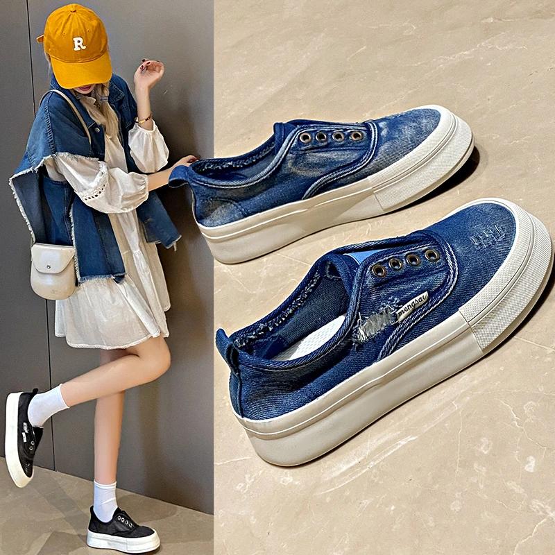 Fashion 2024 New Female Footwear Canvas Off White Women's Shoes High On Platform Slip Original Cotton Comfortable and Elegant Light Shoe