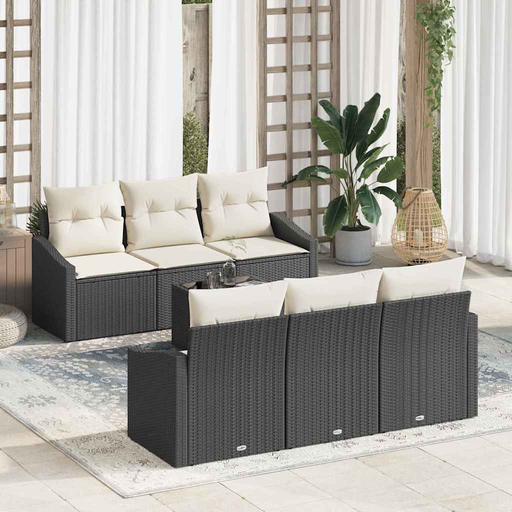 7 Piece Sofa Set with Cushions Black and Cream Poly Rattan