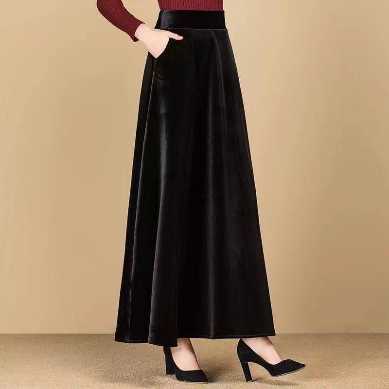 Autumn Women's Gold Velvet Long High-Waist A-Line Skirt Black