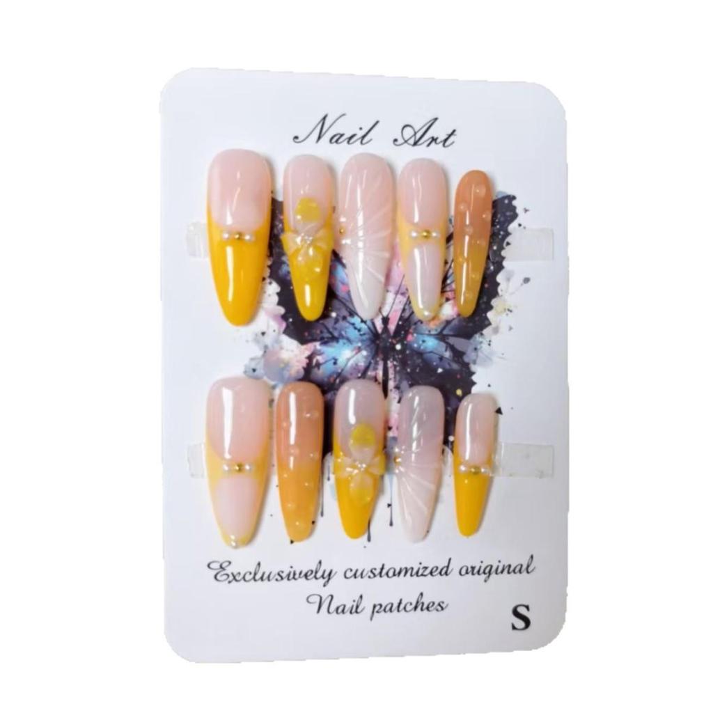Hand-Painted 3D Ice Flower Yellow French Style Wearable Nails