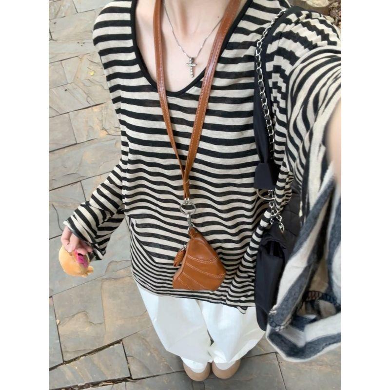 

Comfortable Retro Contrast Color Stripes Long Sleeve Outer Wear Blouse Black tea XL [Suggested 57.50 kg-65.00 kg]]
