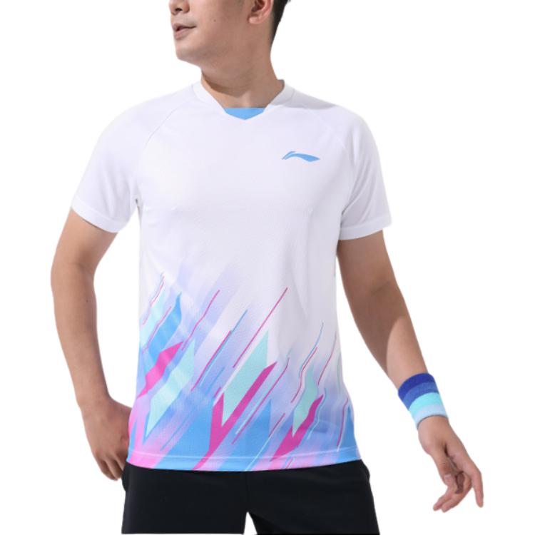 Li Ning Sports Comfortable Training Fitness Logo Short Sleeve Badminton Shirt Men tops White AAYT537-2