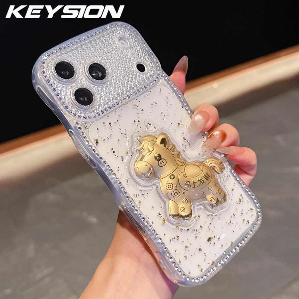 

KEYSION 2026 Year of The Horse Phone Case for iPhone 16 17 Pro Max Air 16 Plus Wavy Rhinestone Lens Protector Shockproof Cover for iPhone 13 Pro Max