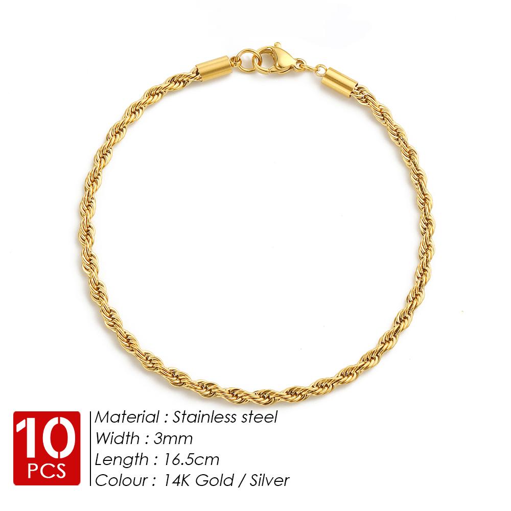 EMANCO 10PCS Wholesale 2/3/4/5MM Gold Color Twisted Rope Chain Bracelet, Stainless Steel Hip Hop Punk Fashion Jewelry for Women