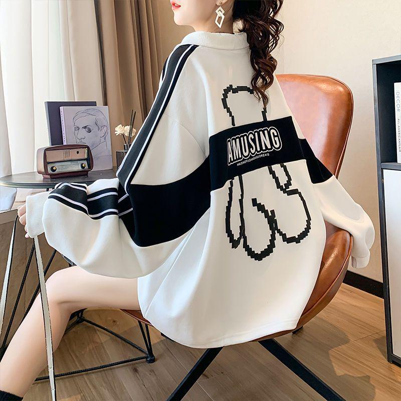 Plus Size Women Polo Collar Long Sleeve Sweatshirt Spring Autumn Loose Casual Zipper Hoodie Oversized Pullover Tops