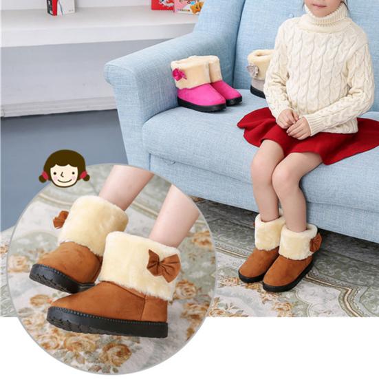 Girls Cute Bowknot Solid Color Winter Warm Snow Ankle Boots Slip On Flat Shoes