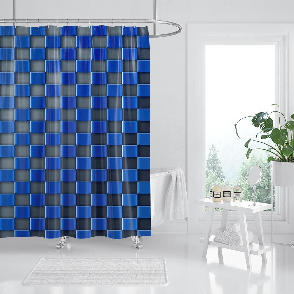 Tende da Doccia con Motivo a Mosaico Blu Tenda da Bagno Impermeabile in Poliestere Geometrica per Bagno Decorazione della Casa Tenda con Ganci