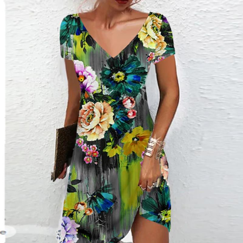Summer Fashion Women's V Neck Short Sleeve Retro Flower Printed  Dress Sex Short Skirt Dresses