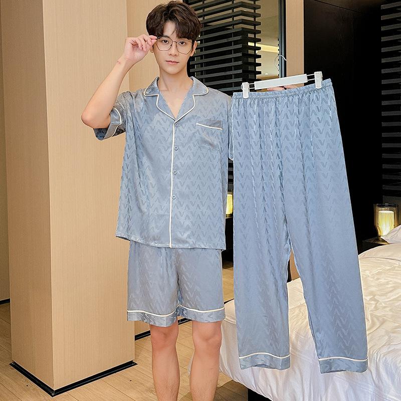Set Pijama Bărbați Mărimi Mari Primăvară și Toamnă 3 Piese Mânecă Scurtă Pantaloni Scurți și Pantaloni Lungi Articole de Casă Jacquard Vară Subțire Mătase de Gheață Set Articole de Casă