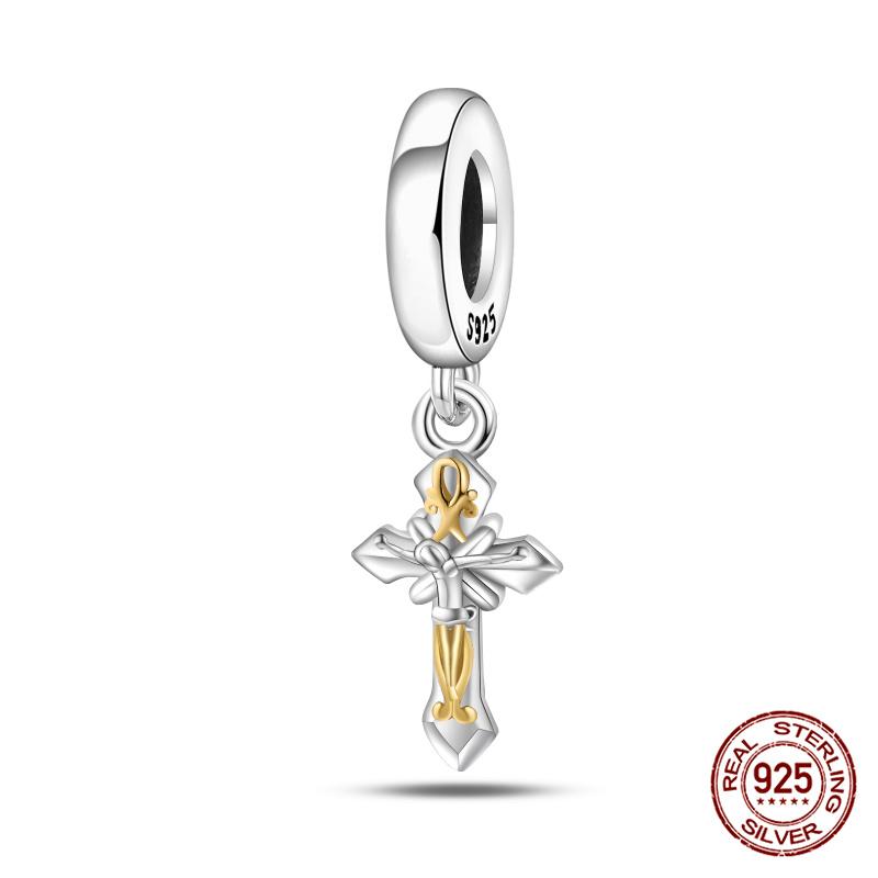 Bible Cross Pink Zircon charms Fit 925 Bracelet DIY Jewelry Making Women's Gift 100% 925 Silver