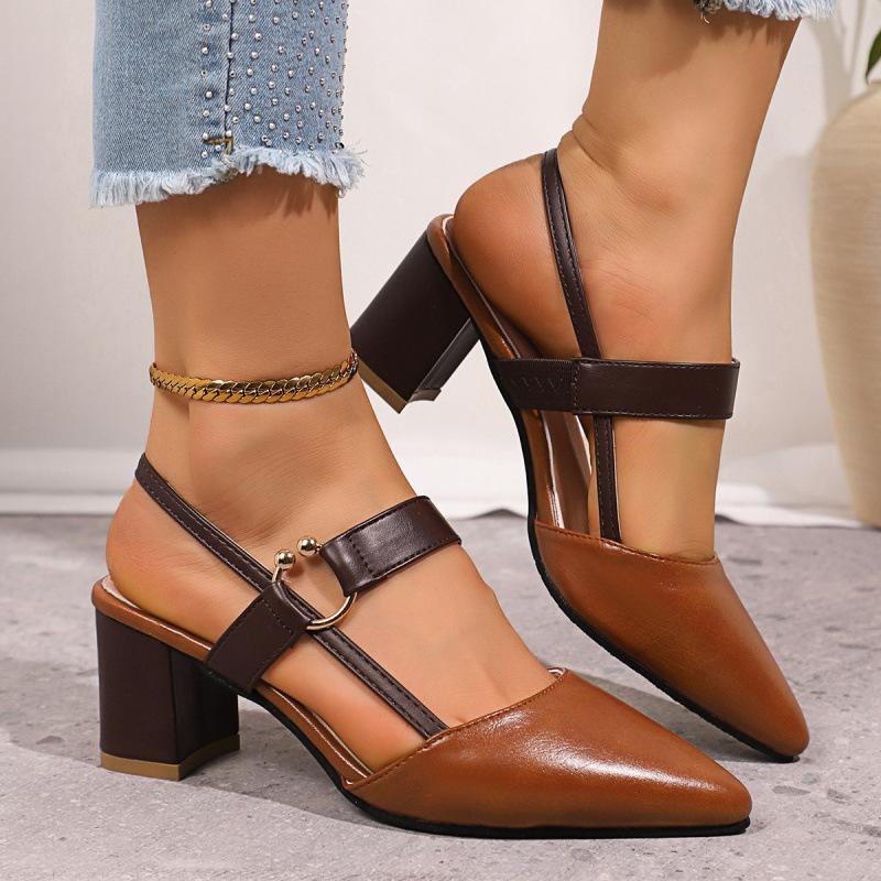 Spring and summer new single shoes pointed thick heel bag head shoes middle heel one-word buckle high heels hollow sandals