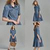 Demana Women's Lapel Puff Sleeve Pleated Denim Dress