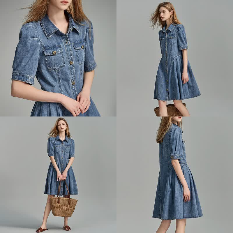 Demana Women's Lapel Puff Sleeve Pleated Denim Dress