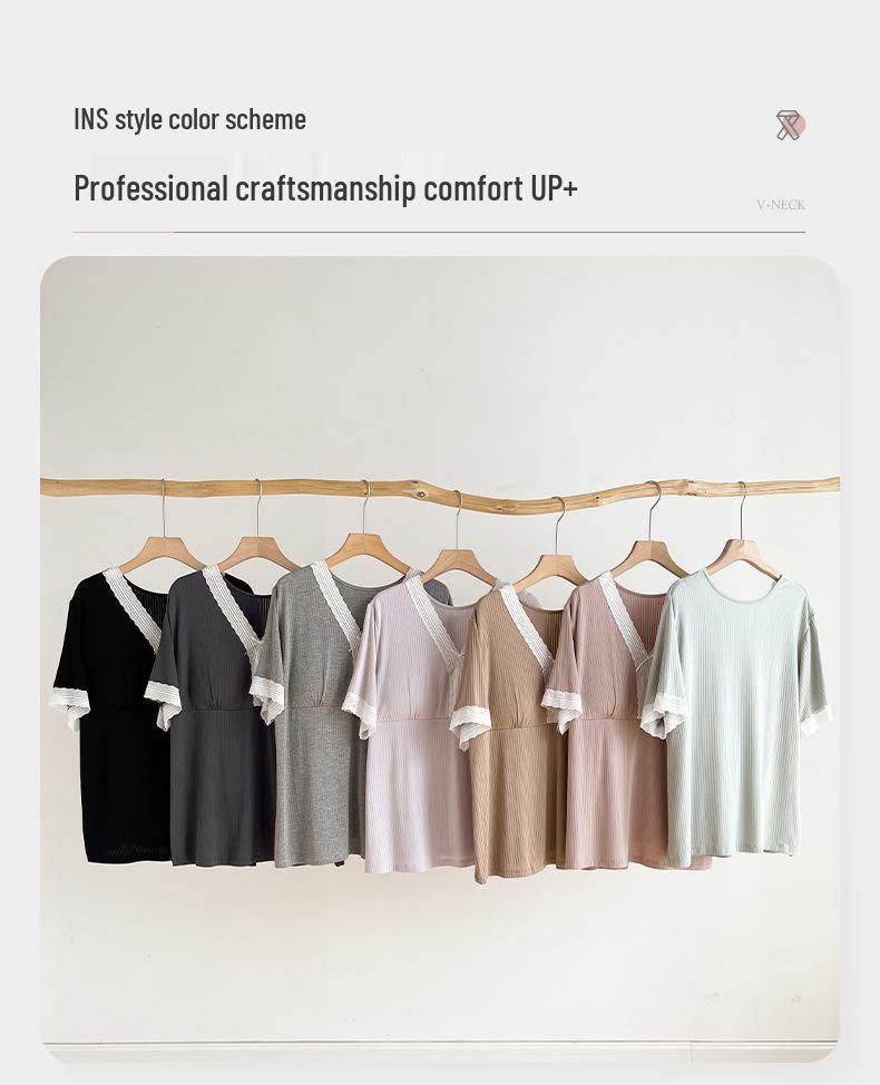 Women's Summer Pajama Set - Three-Piece Short-Sleeve Top, Long & Short Pants with Chest Pads, Lace Design, Wear Indoors or Out.