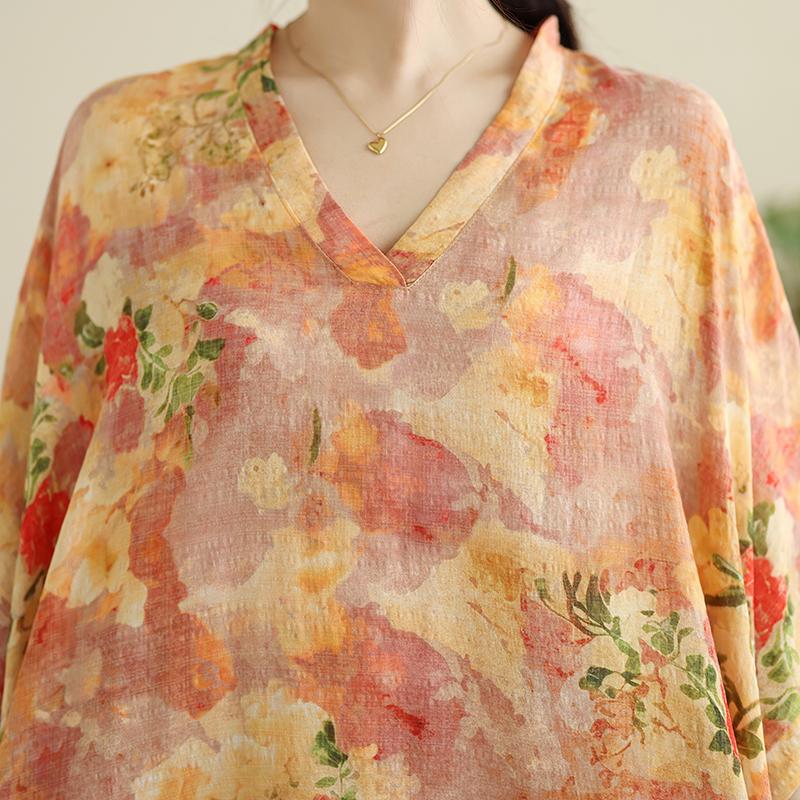 DIMANAF 2025 Plus Size Summer Women Printing Long Dress Short Sleeve Vintage Casual Linen V-Neck Basic Loose Dress
