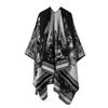 Womens Open-Slit Cape Shawl With Fringe Trim Double-Sided Knit Wrap In Vintage Style Travel Warmth