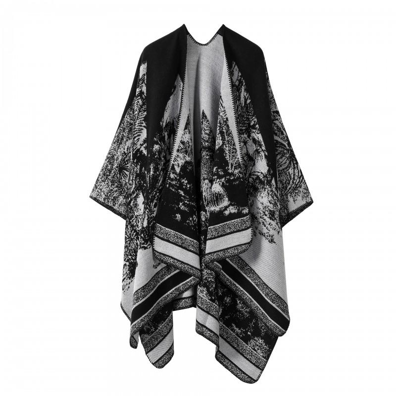 Womens Open-Slit Cape Shawl With Fringe Trim Double-Sided Knit Wrap In Vintage Style Travel Warmth