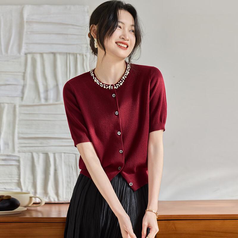 

Srcr Women s Wool Blend Short-Sleeve Beaded Knit Cardigan L