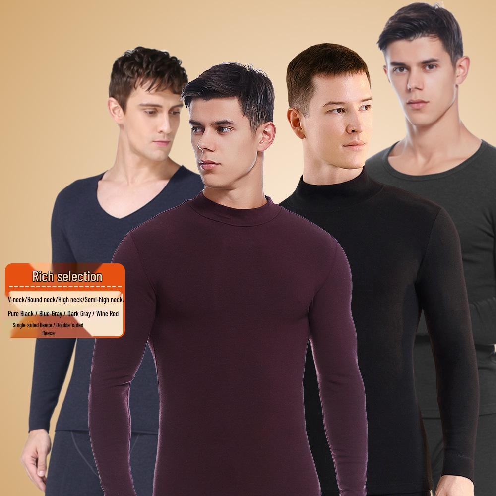 Men's Seamless Polyester Base Layer: No-Pill V-Neck, Round Neck, Mid-High Neck, Warm Autumn Top & Pants