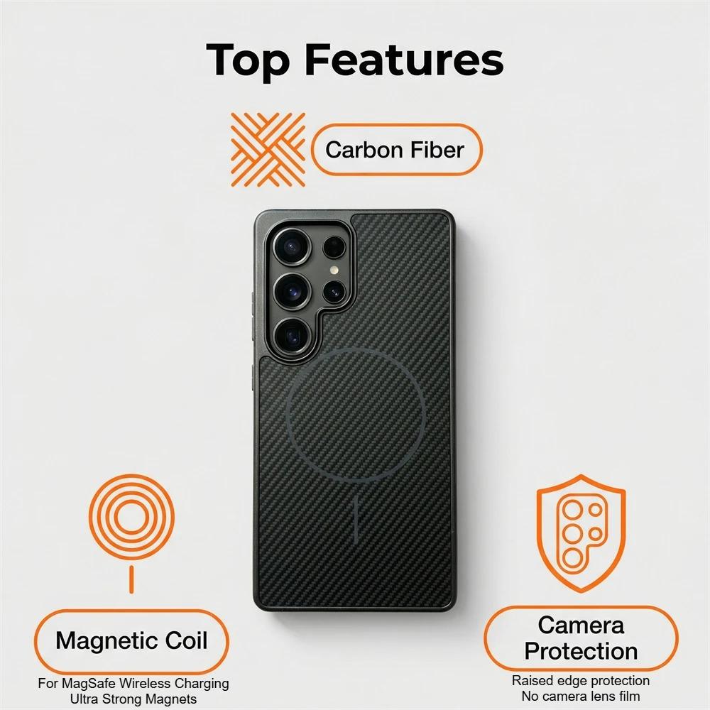 High End Carbon Fiber Pattern Magnetic Phone Cases For Samsung Galaxy S26 S25 S24 Ultra Plus Wireless Charging Shockproof Cover