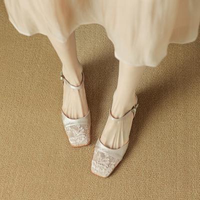 Baotou Sandals Lace Edge New Chinese Style with Thick with A Line with Simple Square Head After Empty Single Shoes Women