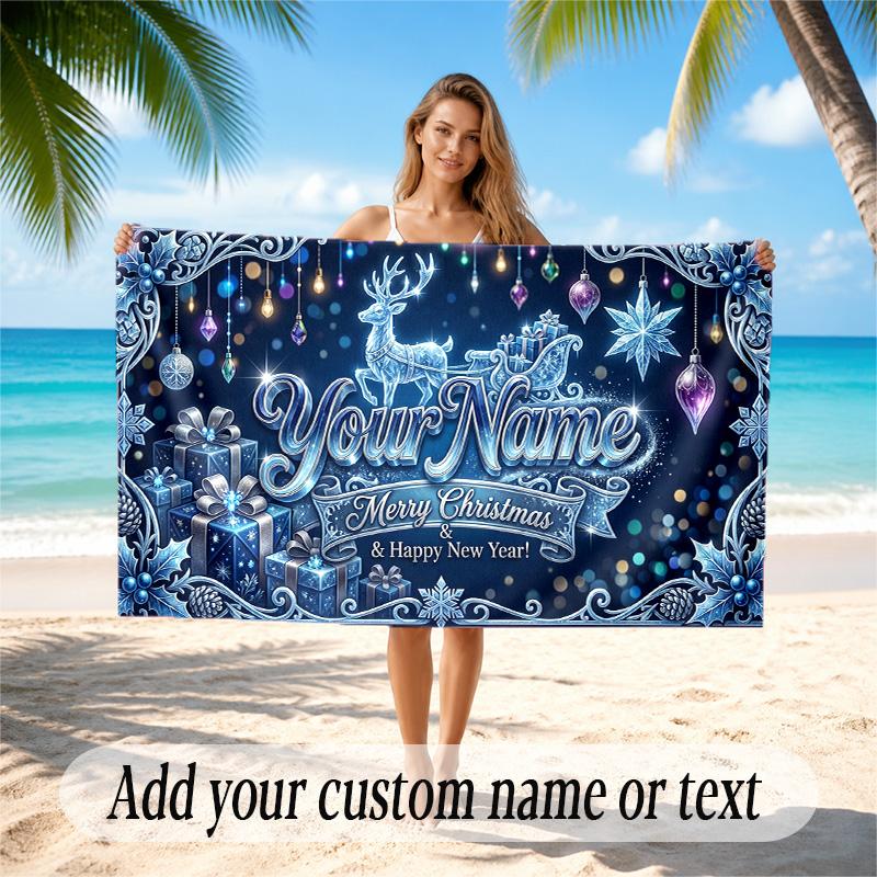 Christmas Theme Quick Dry Beach Towel Custom Name Text Print Large Sand Resistant Towel Beach Vacation