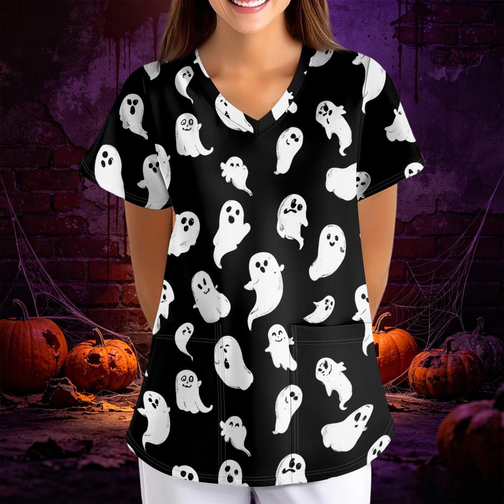 Women's Halloween Print Loose Fit V Neck Short Sleeve Scrub Top with Pockets Medical Uniform Workwear for Healthcare Professionals