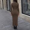 Womens Knit Long Sleeve High Neck Bodycon Midi Dress With Side Slit Casual Winter Outfit
