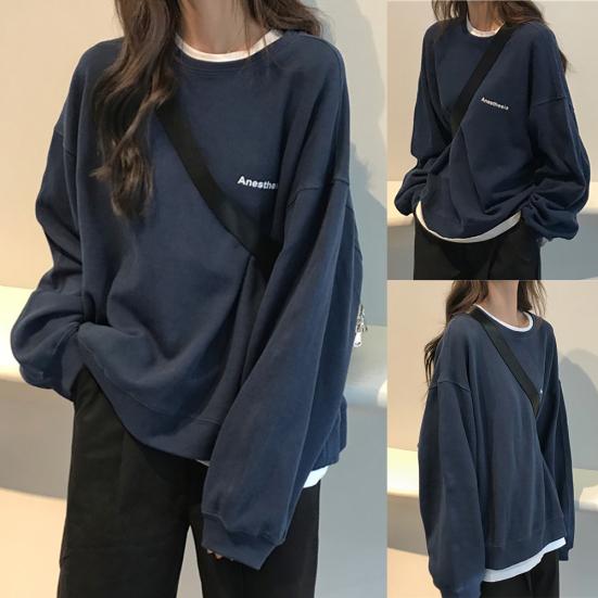Women Long Sleeve Solid Color Loose Blouse Letters Print Sweatshirt Pullover