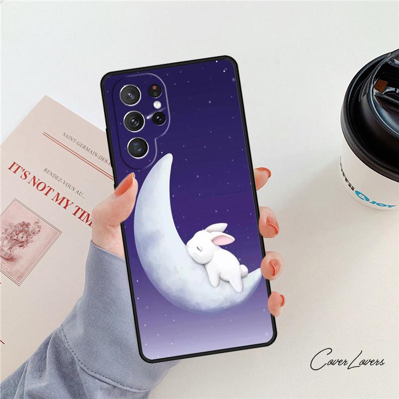Bunny Rabbit Night Sky Moon Phone Case For Samsung Galaxy S24 S25 S23 S22 Ultra Note 10 20 Plus S20 S21 FE Cover