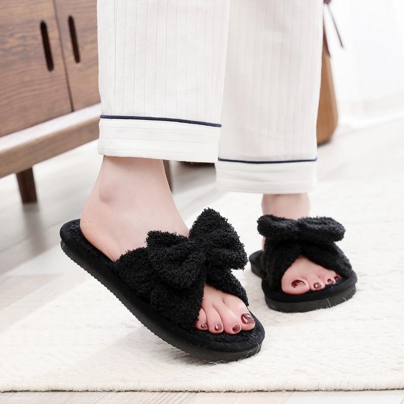 Open women's autumn and winter indoor and outdoor thick-soled warm plush shoes one-word open cotton slippers women's foam