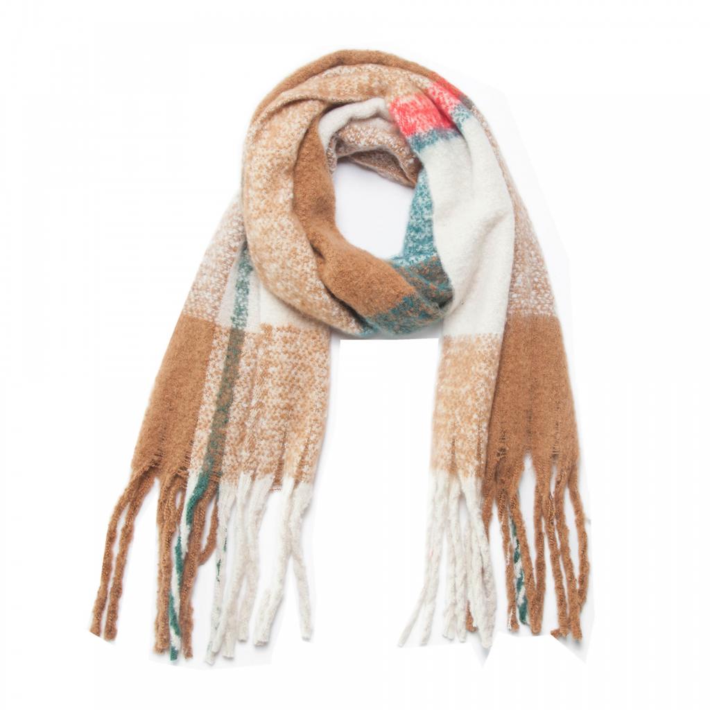 Autumn Winter Imitation Mohair Color Block Plaid Thick Fringe Scarf Shawl
