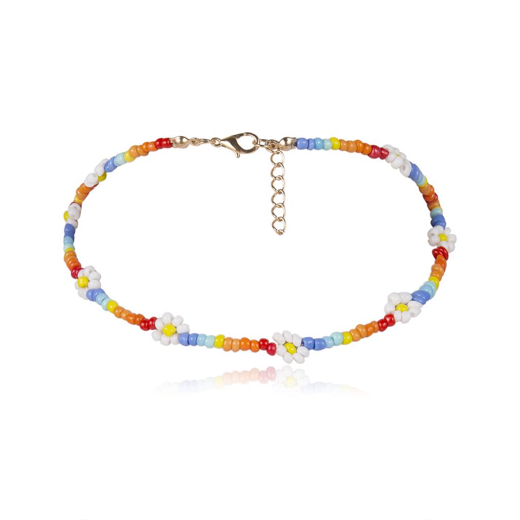 Colorful Rice Beads Handmade Beaded Necklace, Simple Daisy Small Flower Necklace Neck Chain For Women
