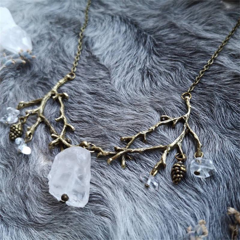Gothic Retro Silver Color Tree Branch Pinecone Irregular White Crystal Tassel Pendant for Women Halloween Forest Witch Jewelry