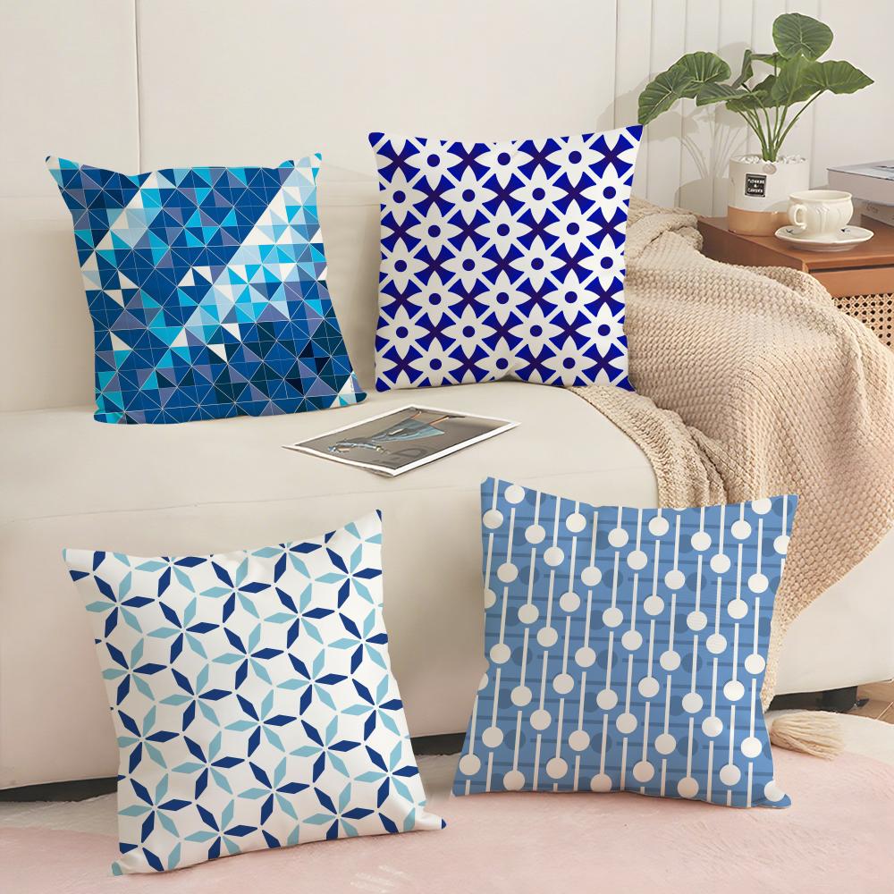Blue And White Geometric Cushion Cover Soft Short Plush Pillow Cover Smooth Cozy Texture Aesthetic Cushion Case Home Decor