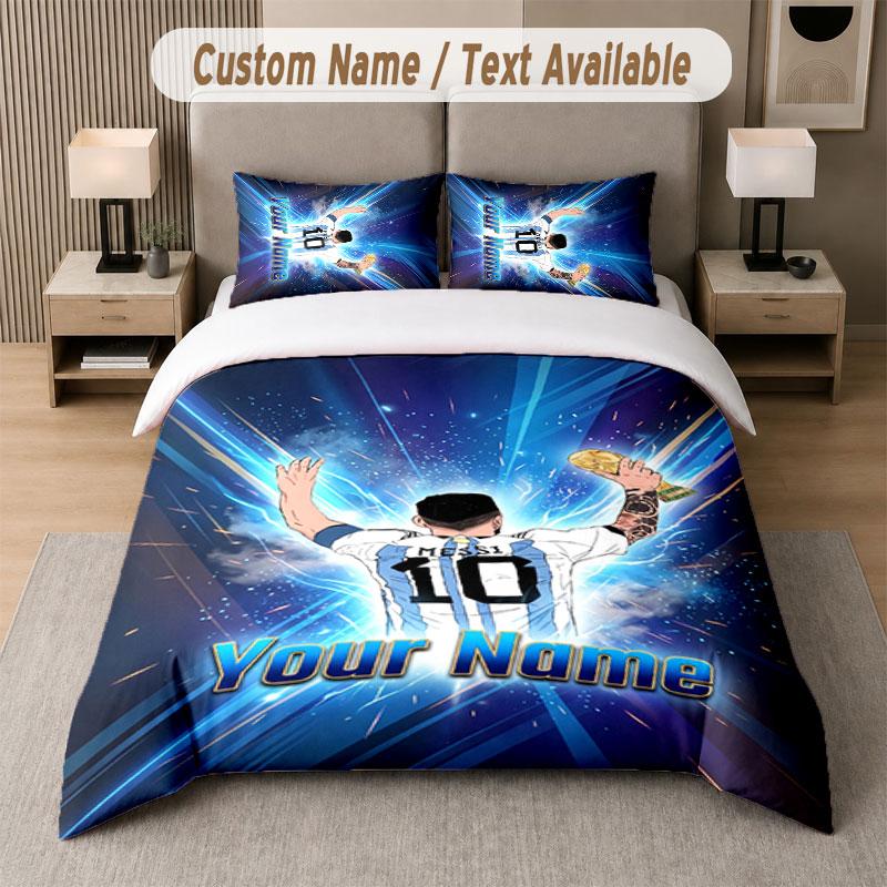 Custom Bedding Set Lionel Messi Pattern, Print Name Text 1 Duvet Cover plus 2 Pillowcases Home Textile
