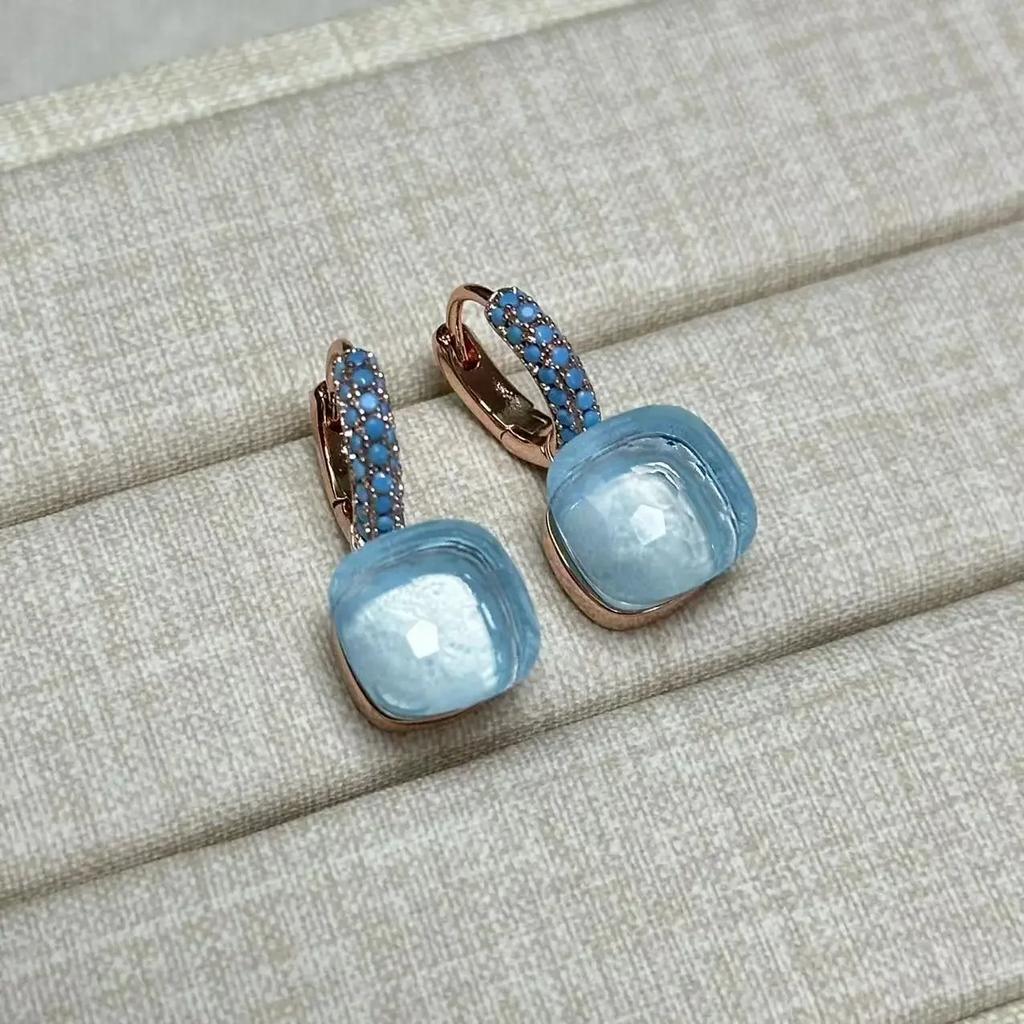 Boucles d'oreilles Nudo 10,6 mm Incrustées de Turquoise Zircon Pour Femmes Topaze Bleue Pendantes Carrées en Cristal Boucle d'oreille Bijoux de Mode Cadeau