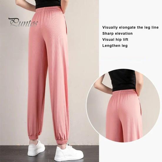 Summer Thin Ice Silk Sports Pants Elastic Drawstring Waist Pockets Casual Sweatpants Solid Color Loose Fit Fitness Trousers Streetwear