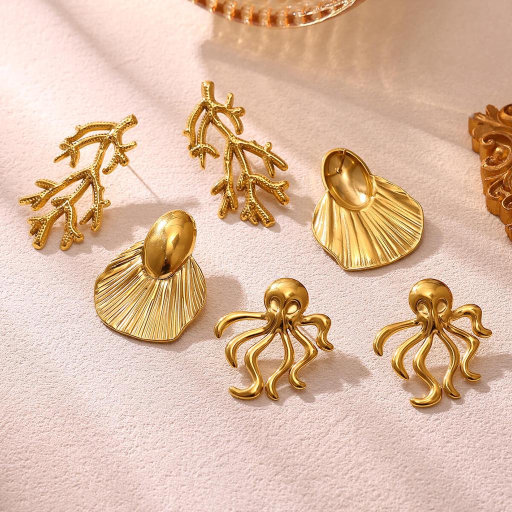 Freshwater Octopus Gold Color Earrings For Women Big Geometric Coral Stud Earring Stainless Steel 2026 New Jewelry Summer Gift