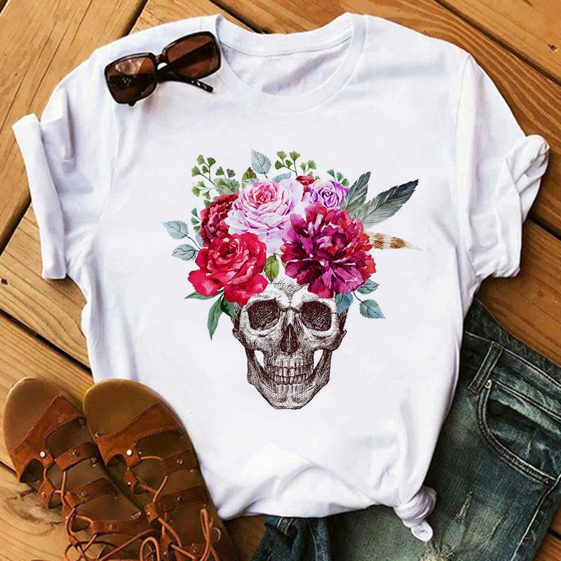 Camiseta De Arte Esttica Feminina De Flores De Caveira Roupas Punk Rock Camiseta Estampada Com Cavaleiro Roupas Fitness Vero 2020